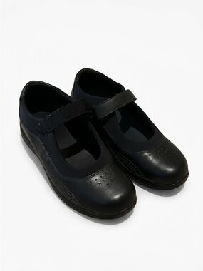 Black Leather Mary Jane Comfort Shoes Hook & Loop Strap